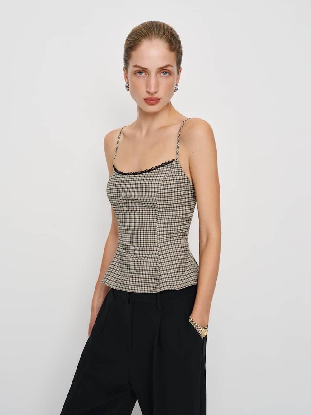 SZ 10 Reformation Genevieve Top beige and black check NWT
